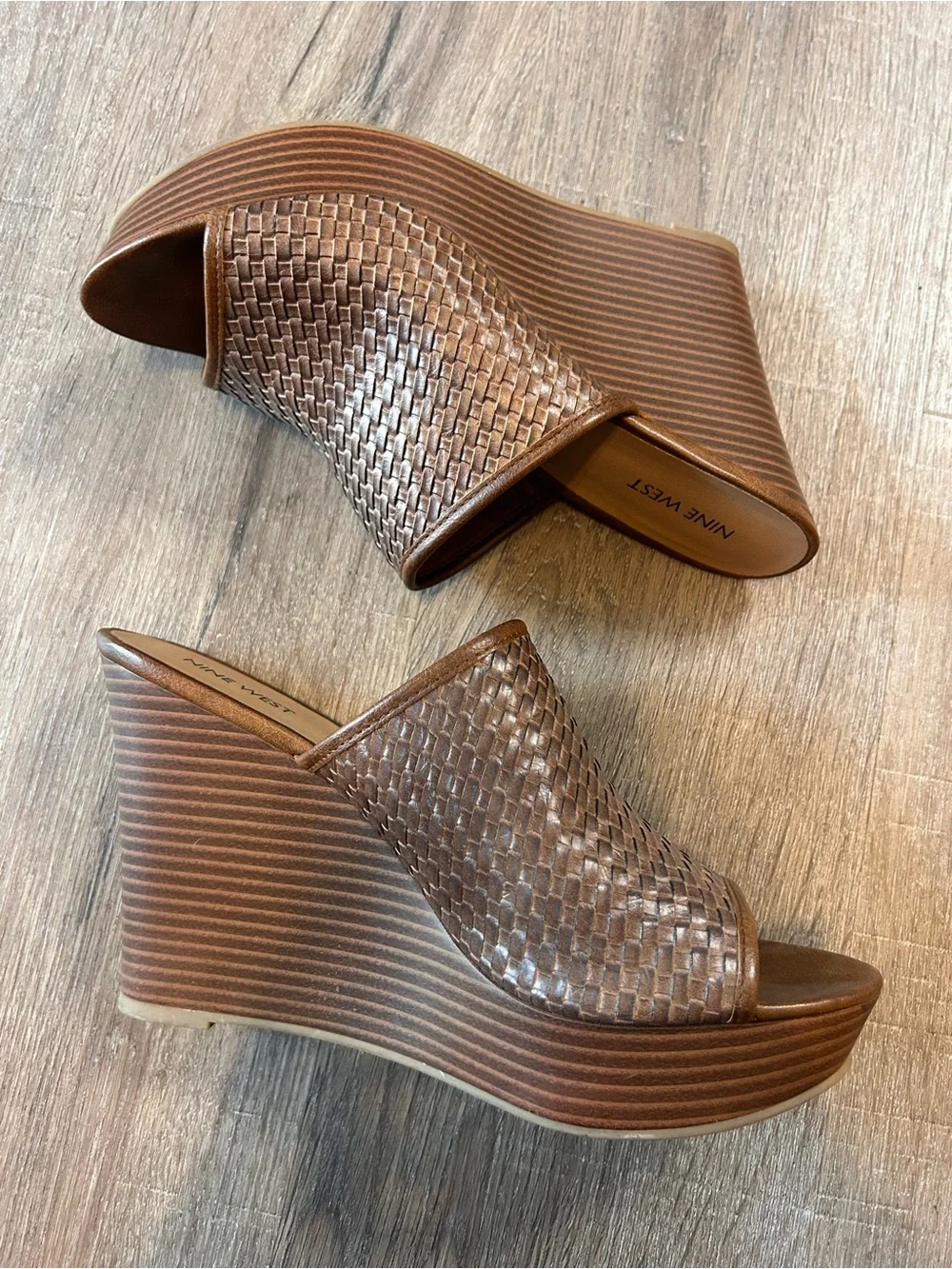 Nine West Isla Wedge Sandals Womens Size 11 Brown Woven Platform Open Toe